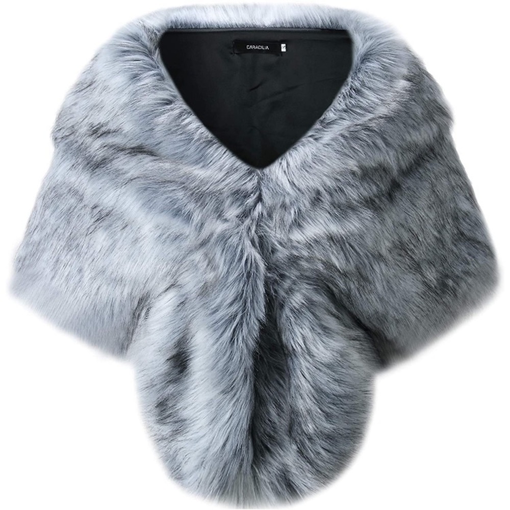 Faux Fur Fox Grey Black Silver Shawl Stole Shrug